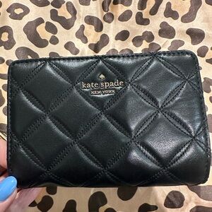 kate spade Black Quilted Leather Zip Wallet with Gold Logo